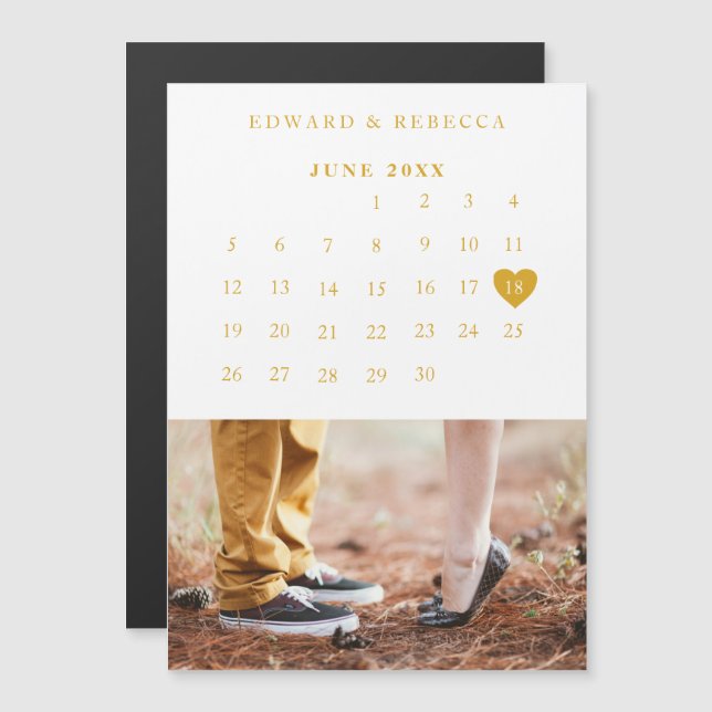 Calendar Elegantes Gold Foto Hochzeit Sichern Sie  Magneteinladung (Vorne/Hinten)