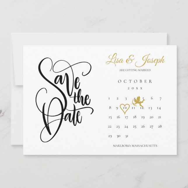 Calendar Gold Cupid Liebe Herz Save the Date Einladung (Vorderseite)