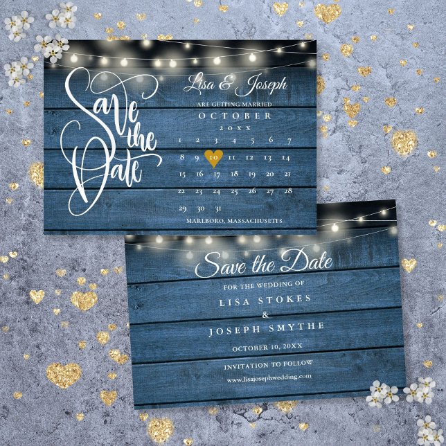 Calendar Gold Heart Rustic Blue Wood Wedding Save The Date (Calendar Gold Heart Rustic Blue Wood Wedding Save The Date)