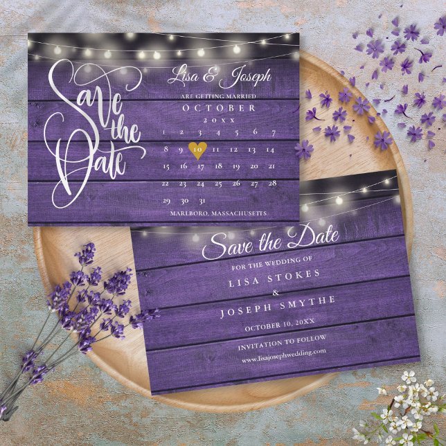Calendar Gold Heart Rustikale Lila Holzhochzeit Save The Date (Calendar Gold Heart Rustic Purple Wood Wedding Save The Date)