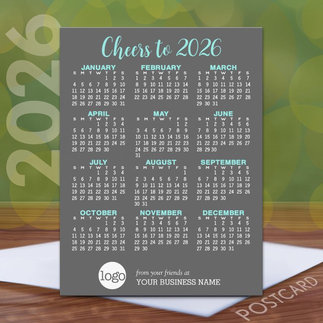 Calendar Gray Aqua Business Logo - Urlaub Postkarte (2026 Calendar on a Postcard)