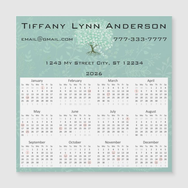 Calendar Heart Leaf Tree Blumenstrauß Grün Magnetkarte (Vorderseite)