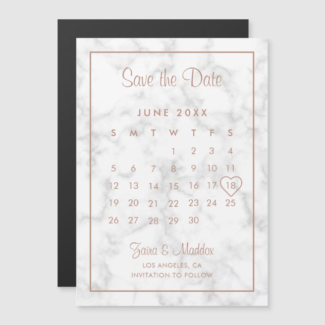 Calendar Moderne MarmorRose Gold Save the Date Magneteinladung (Vorne/Hinten)