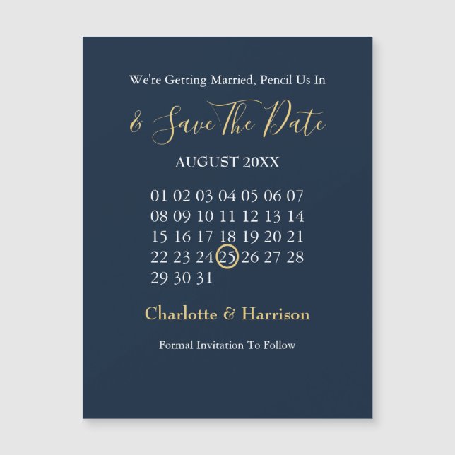 Calendar Save the Date Navy Gold Editierbar Magnetkarte (Vorderseite)