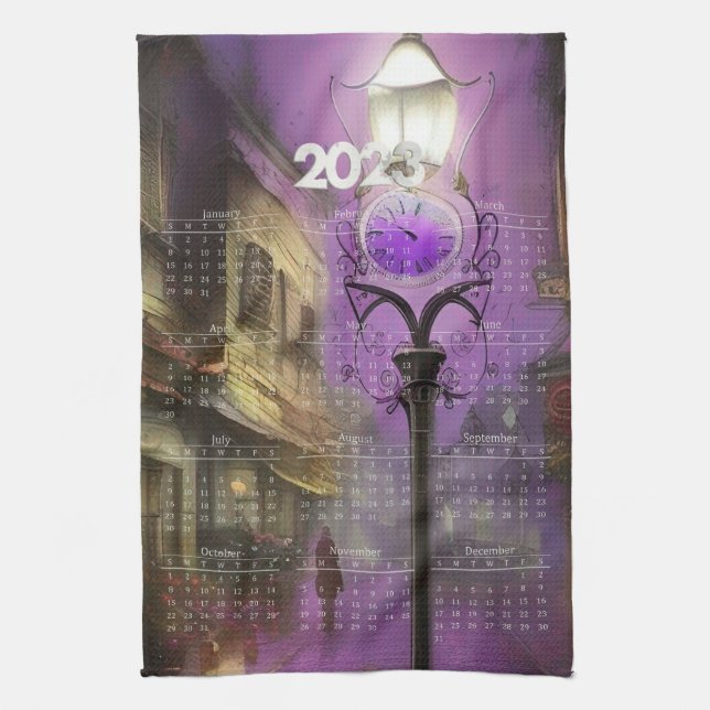 Calendar Towel - London Street clock Lamp Lila Geschirrtuch (Vertikal)