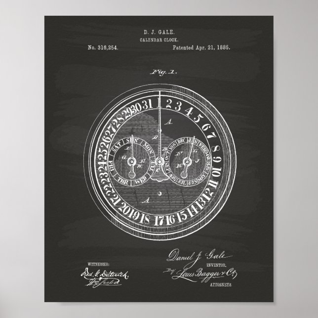 Calender Clock 1885 Chalkboard zum Patent Poster (Vorne)