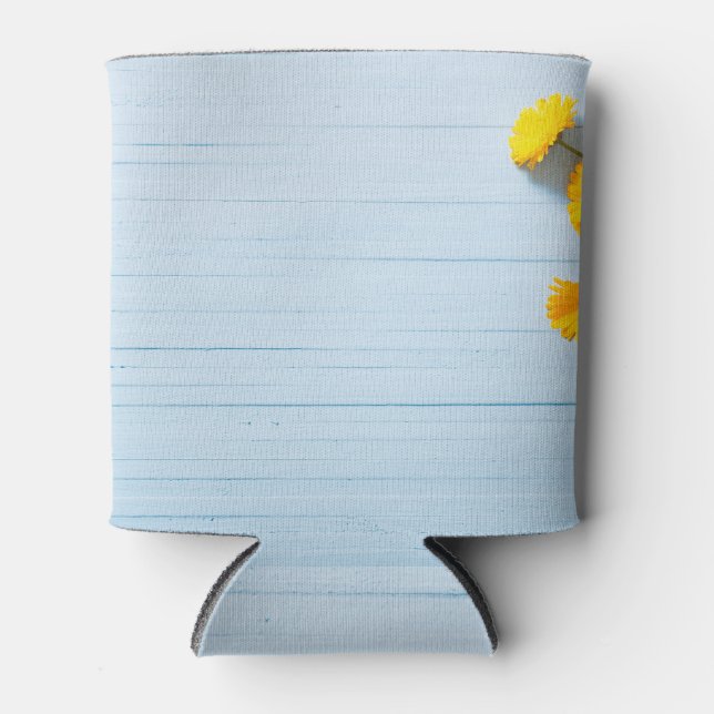 Calendula-Blume: blauer Holzhintergrund Dosenkühler (Vorderseite)