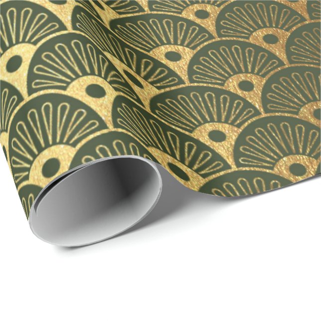 Cali Woodland Green Metallic Seashells Art Deco Geschenkpapier (Rolleneckpunkt)