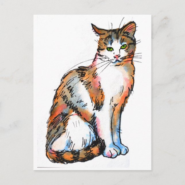 Calico Cat #2 Feline Kitten Aquarellmalerei Postkarte (Vorderseite)