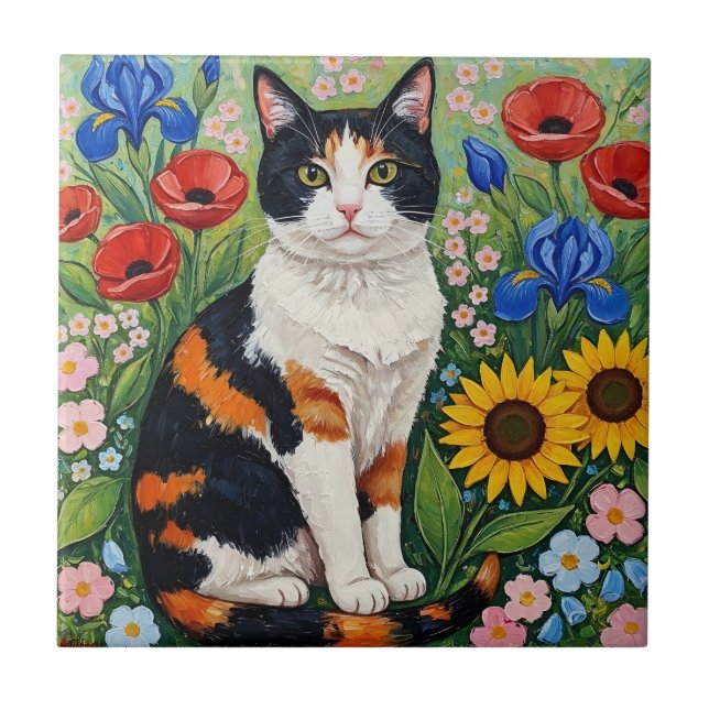 Calico Cat and Folk Art Sunflowers Fliese (Vorderseite)