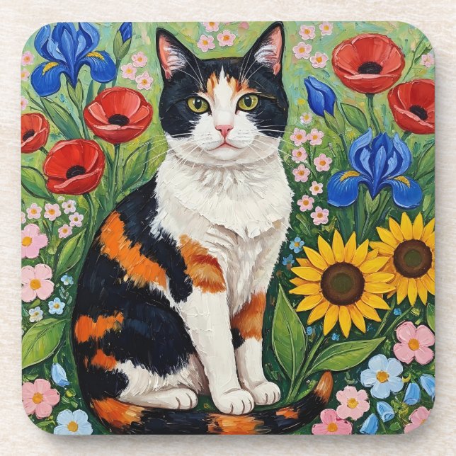 Calico Cat and Folk Art Sunflowers Getränkeuntersetzer (Vorderseite)