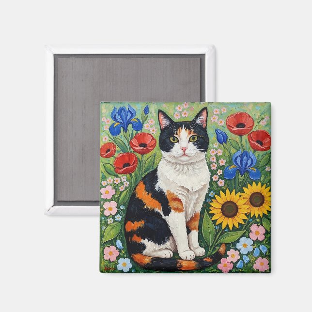 Calico Cat and Folk Art Sunflowers Magnet (Vorderseite/Rückseite)