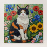 Calico Cat and Folk Art Sunflowers Puzzle<br><div class="desc">A cute calico cat standing in red poppies,  blue iris and yellow sunflowers done in a pretty folk art style.</div>