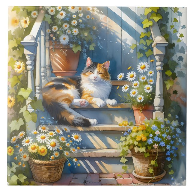 Calico Cat auf Blumenporch Cotattecore Fliese (Vorderseite)
