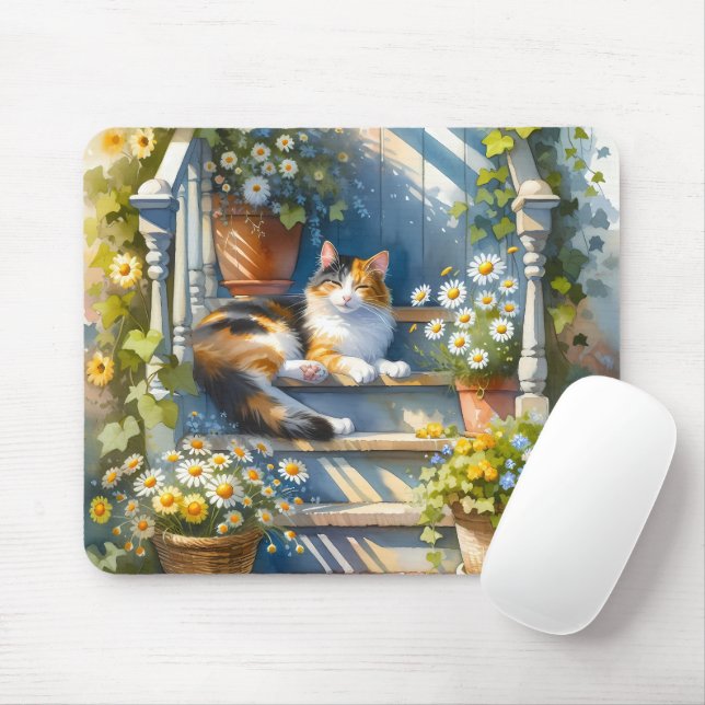 Calico Cat auf Blumenporch Cotattecore Mousepad (Mit Mouse)