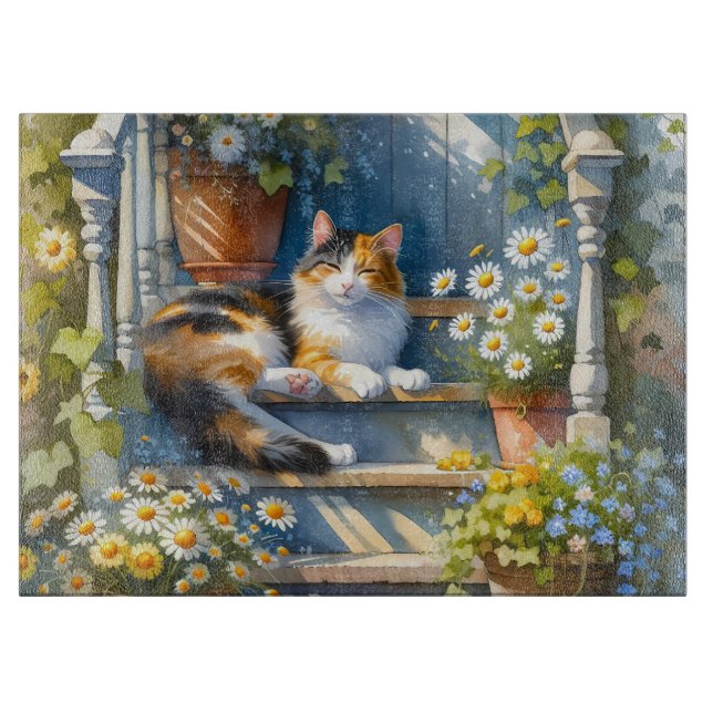 Calico Cat auf Blumenporch Cotattecore Schneidebrett (Vorderseite)