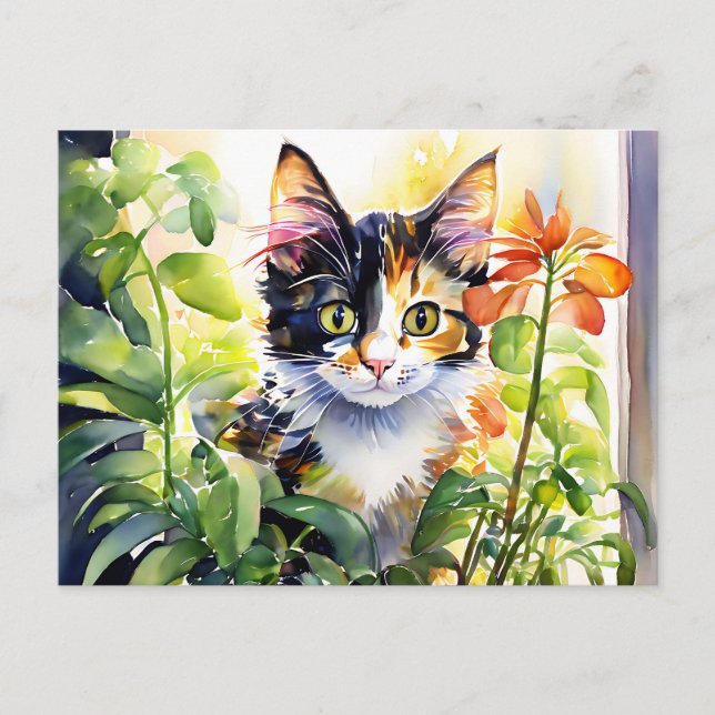 Calico Cat Behind Vibrant Potted Pflanze Postkarte (Vorderseite)