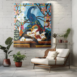 Calico Cat Dragon Red Wandteppich