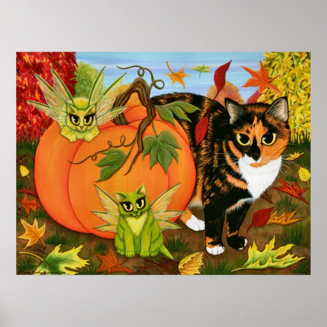 Calico Cat Fairy Cats Blätter Herbst Herbst Kunstd Poster (Vorne)