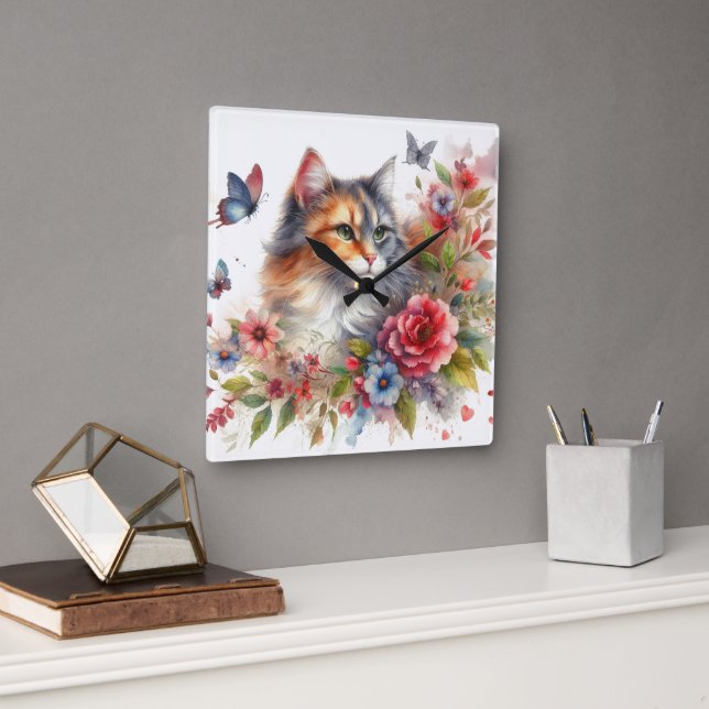 Calico Cat Floral Wall Clock Quadratische Wanduhr (Büro)