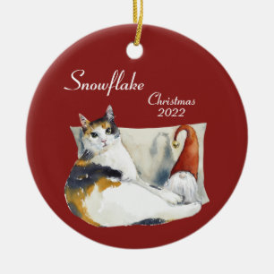 Calico Cat Gnome Weihnachtsthema Aquarell Cerami Keramik Ornament