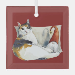 Calico Cat Gnome Weihnachtsthema Aquarell Ornament Aus Glas