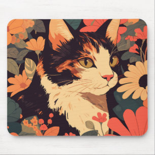 Calico Cat im Blumengarten Mousepad