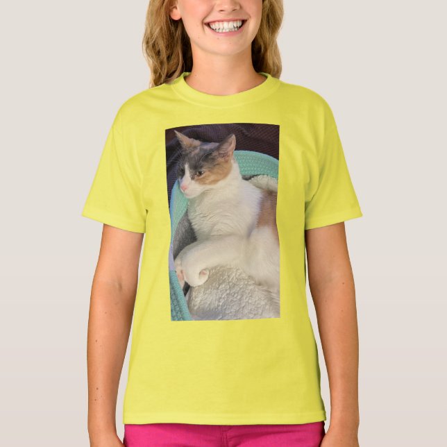 Calico Cat in Cat Bed T-Shirt (Vorderseite)