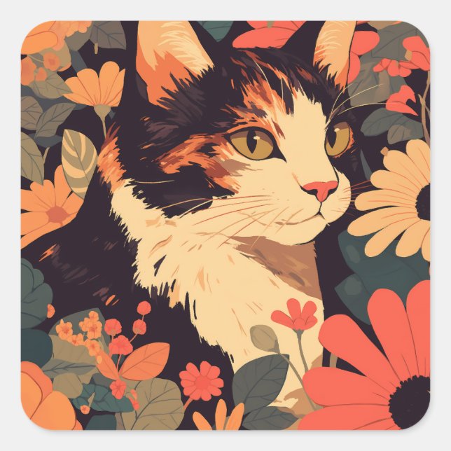 Calico Cat mit Blume Japanisch Ästhetik Quadratischer Aufkleber (Vorderseite)