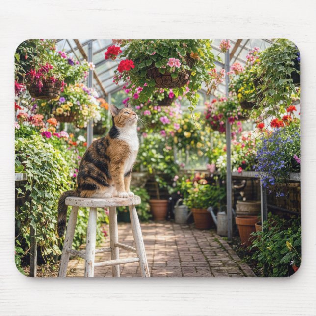 Calico Cat on a Stool in a Greenhouse Mousepad (Vorne)