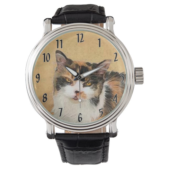 Calico Cat Painting - Niedliche Original Cat Art Armbanduhr (Vorderseite)
