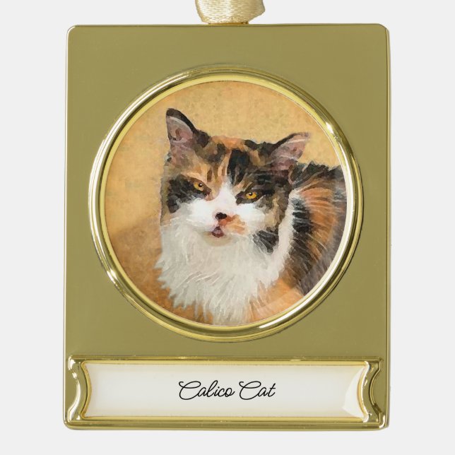 Calico Cat Painting - Niedliche Original Cat Art Banner-Ornament Gold (Vorderseite)