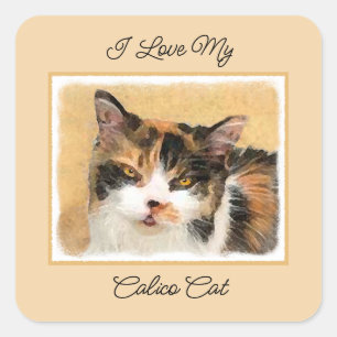 Calico Cat Painting - Niedliche Original Cat Art Quadratischer Aufkleber