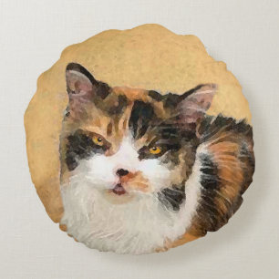 Calico Cat Painting - Niedliche Original Cat Art Rundes Kissen