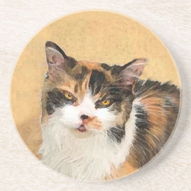 Calico Cat Painting - Niedliche Original Cat Art Sandstein Untersetzer (Vorne)