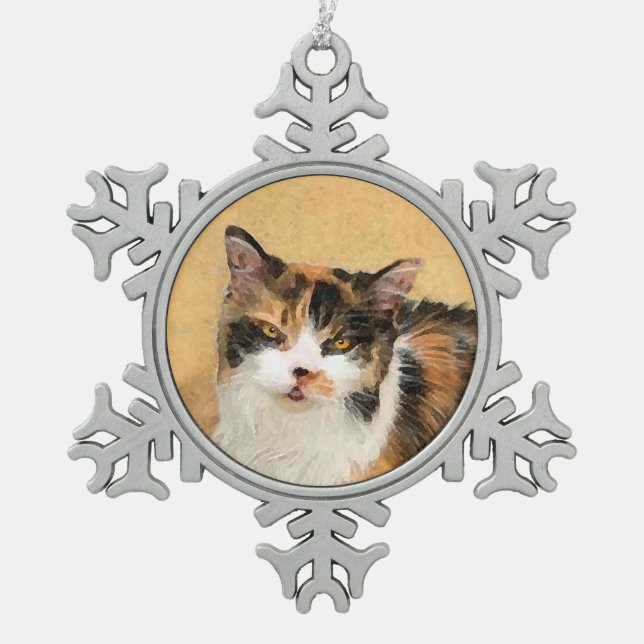 Calico Cat Painting - Niedliche Original Cat Art Schneeflocken Zinn-Ornament (Vorderseite)