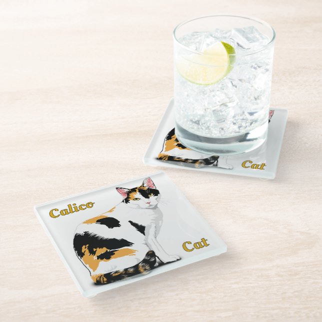Calico Cat Personalisiert Glasuntersetzer (Schrägansicht)