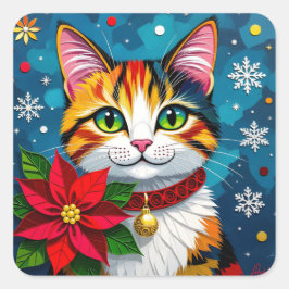 Calico Cat, Poinsettias and Snowflakes Christmas Quadratischer Aufkleber