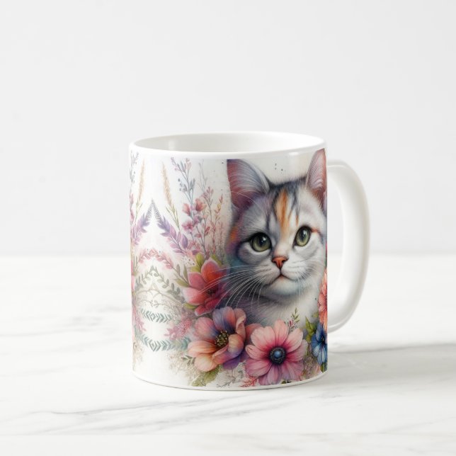Calico Cat Portrait mit Blume Kaffeetasse (VorderseiteRechts)