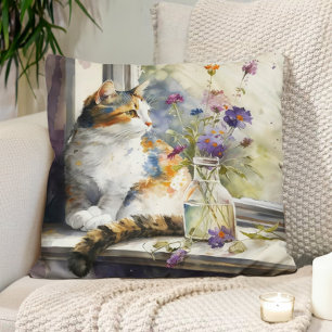 Calico Cat Purple Flowers Kissen