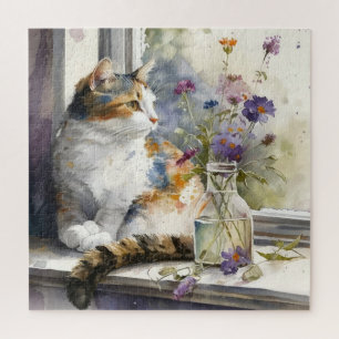 Calico Cat Purple Flowers Puzzle