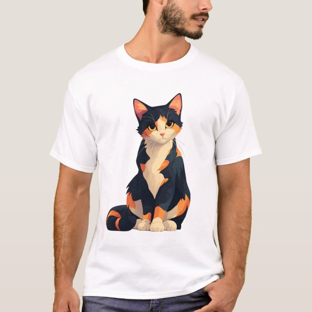 Calico Cat Sitting Illustration T-Shirt (Vorderseite)
