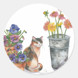 Calico Cat Stiefmütterchen Daisies Wasserfarbe "Do Runder Aufkleber