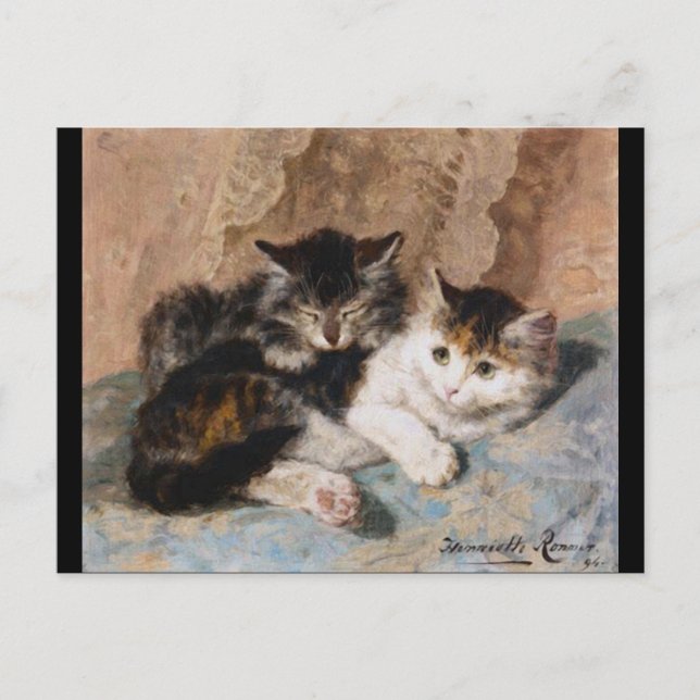 Calico Cat und Gray Kitten Malerei Postkarte (Vorderseite)