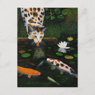 Calico Cat und Koi Fish Postkarte