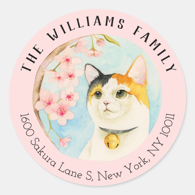 Calico Cat und Sakura | Family Address Label Runder Aufkleber (Vorderseite)