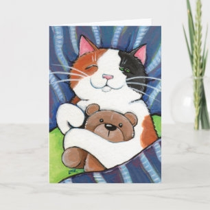 Calico Cat und Teddy Bear   Cat Art Grußkarte Karte