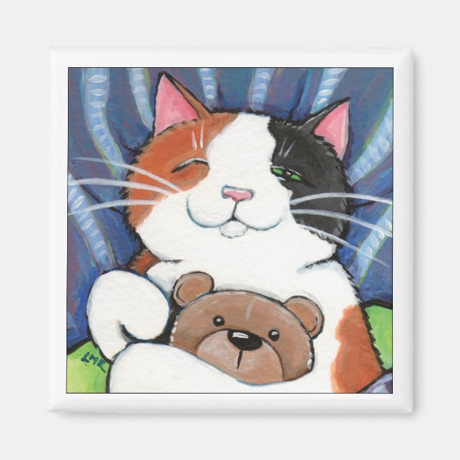 Calico Cat und Teddy Bear | Cat Art Magnet (Vorne)