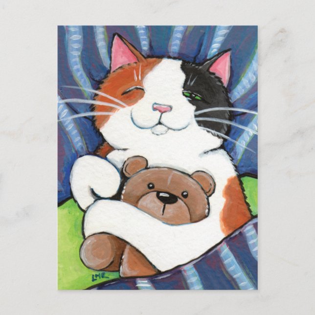 Calico Cat und Teddy Bear | Cat Art Postcard Postkarte (Vorderseite)