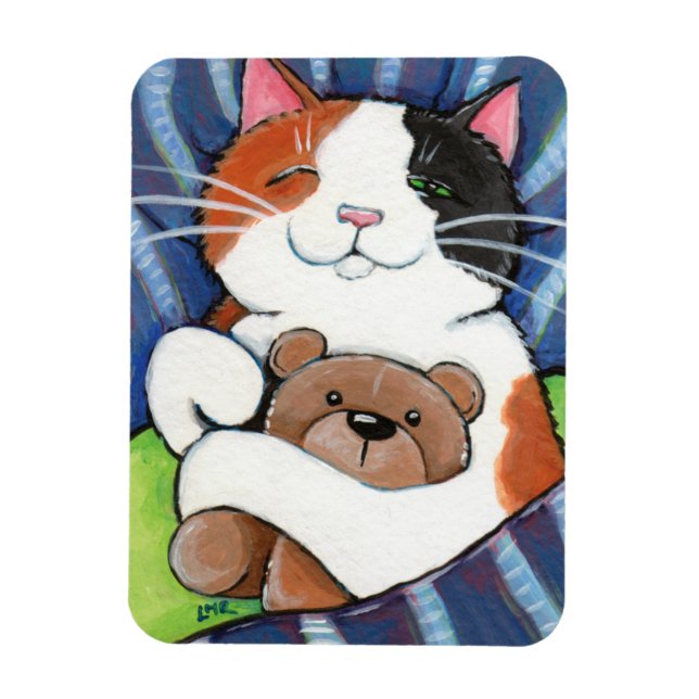 Calico Cat und Teddy Bear schlafen Magnet (Vertikal)